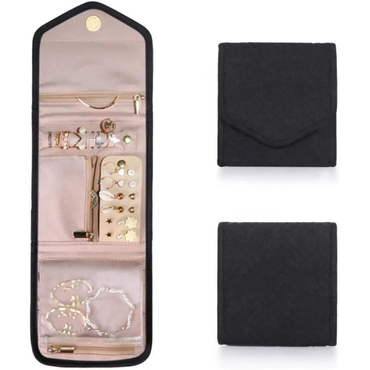 Wholesale Pink Foldable Travel Jewelry Organizer Case Storage Bag Envelope Design Soft Fabric PVC Lining Necklace Earrings Boxes