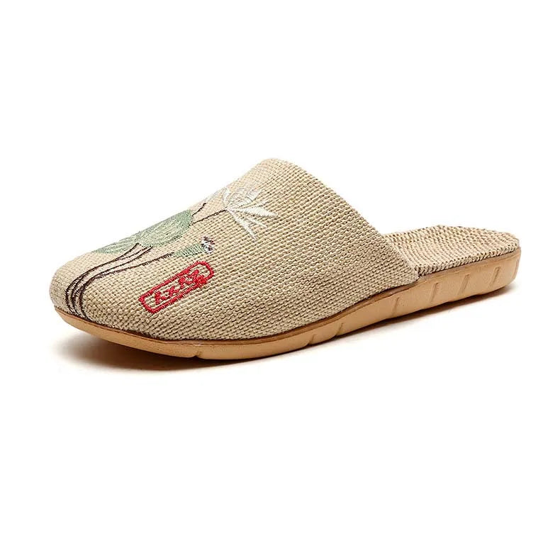 Linen slippers Female Cotton and Linen Thick-sole Comfortable Embroidery Sweat-absorbent Floor Home Slides Wholesale