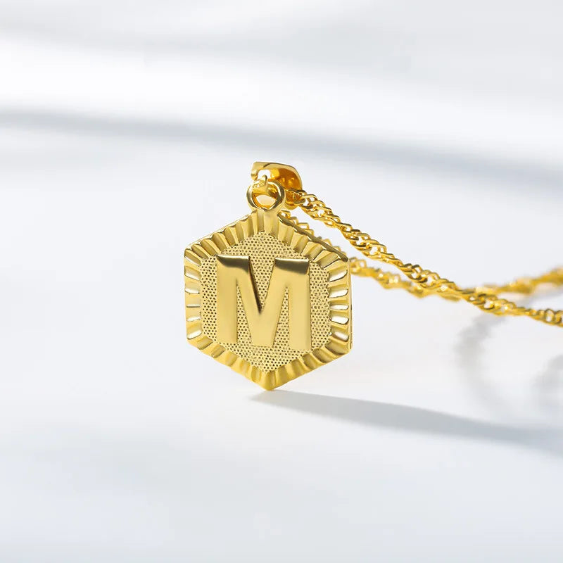Fashion 18K Gold Plated Necklace Pendant Jewelry Hexagon Chain 26 Letter A-Z Initial Stainless Steel Necklaces for Women