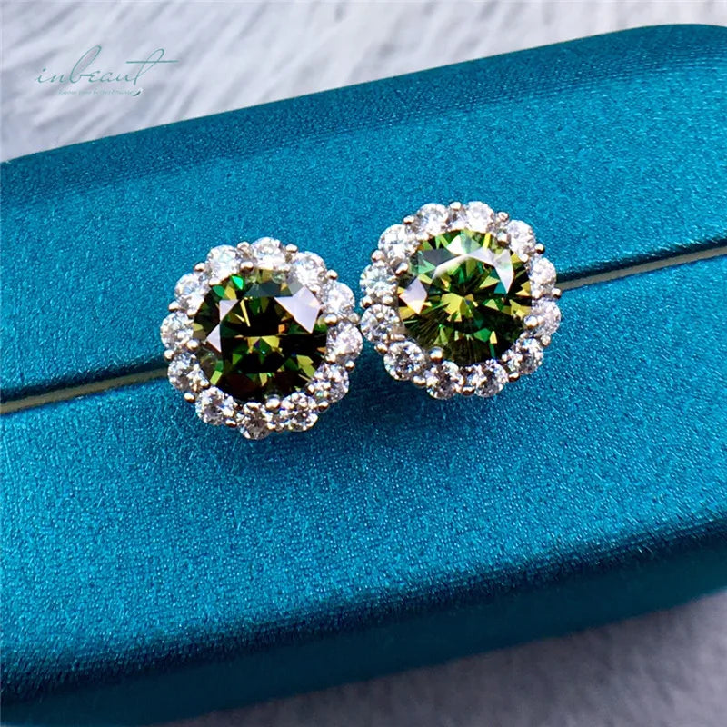 Total 2 Carat Genuine GRA Certificate Green VVS1 Moissanite Blossom Stud Earrings Original S925 Silver Party Jewelry for Women