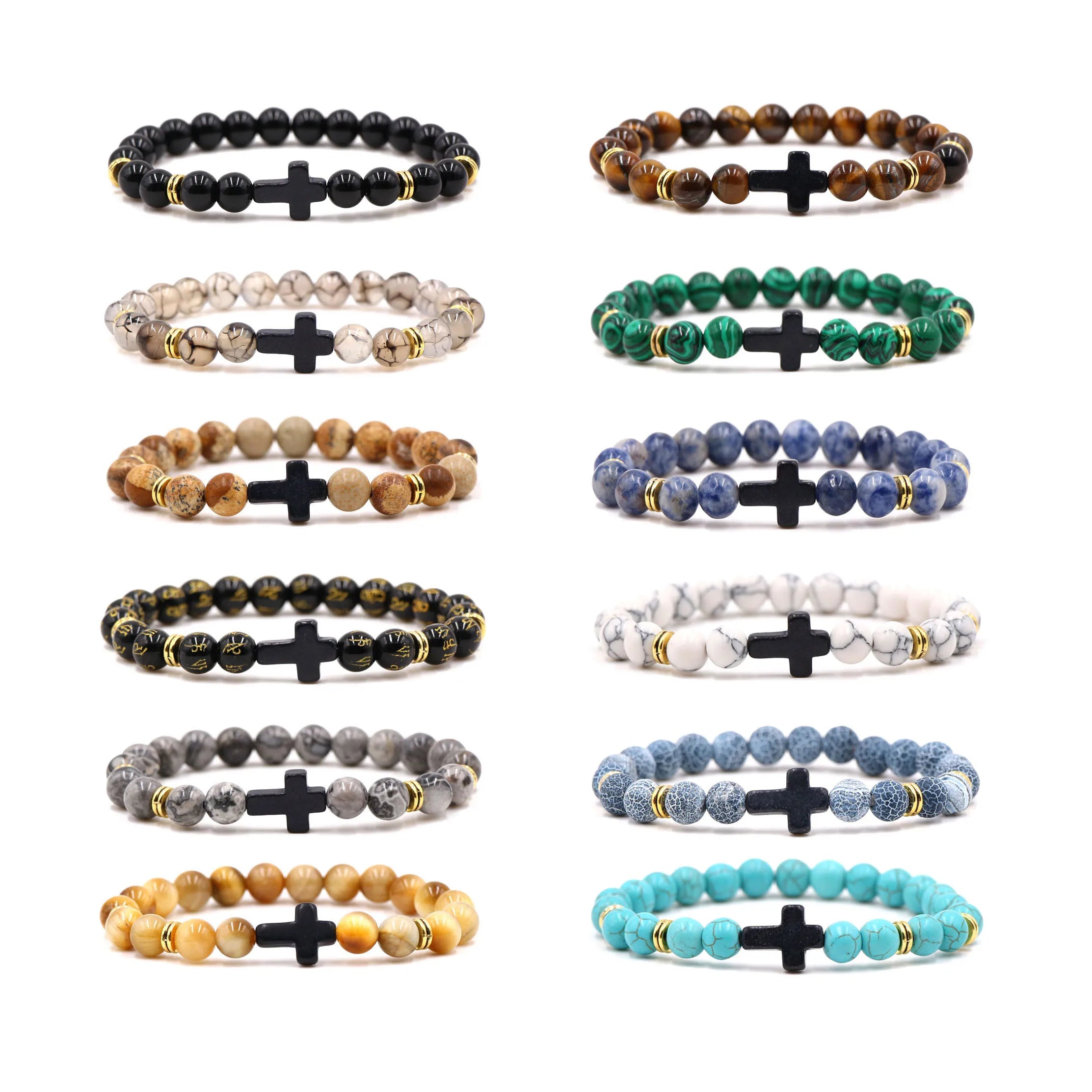 Hot Handmade Beaded Bracelets Natural Stone Rinhoo Tiger Eye Lava Stone Beads Christian Cross Elastic Men Women Bracelet Jewelry