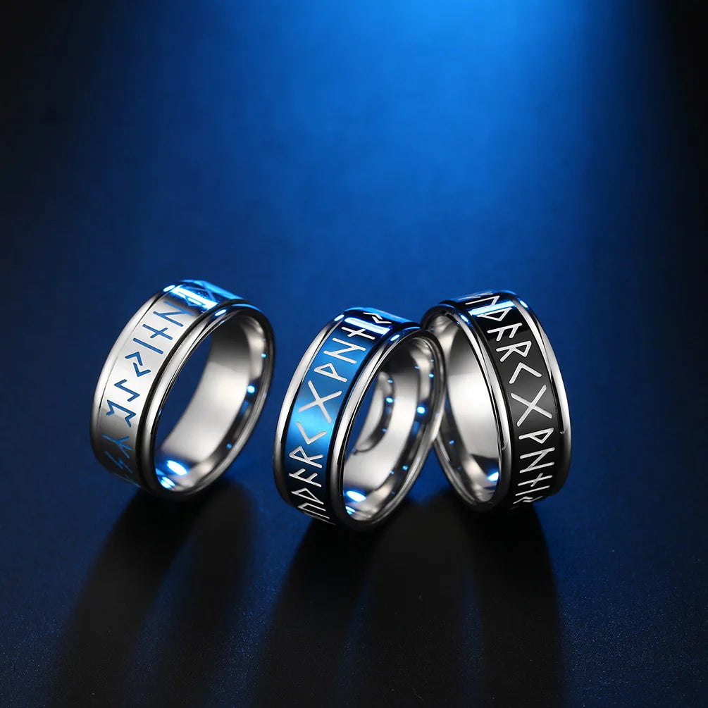8mm Stainless Steel Fidget Spinner Runes Ring Vintage Nordic Style Titanium Steel Rotatable Viking Luminous Men Ring