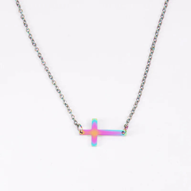 Minimalist Stainless Steel PVD Gold Plated Small Cross Pendant Necklace High Polish Sideways Cross Choker Necklace for Women