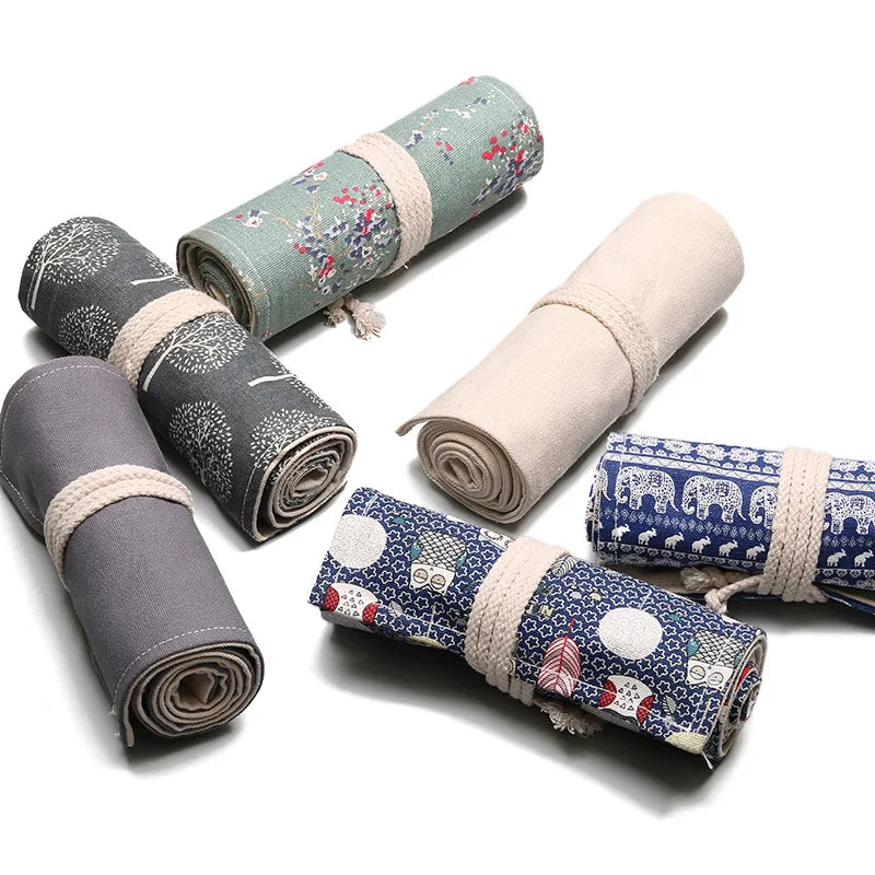 36 Slots Canvas Roll Up Pencil Bag Organizer Color Pen Curtain Case Makeup Wrap Holder Storage Pouch