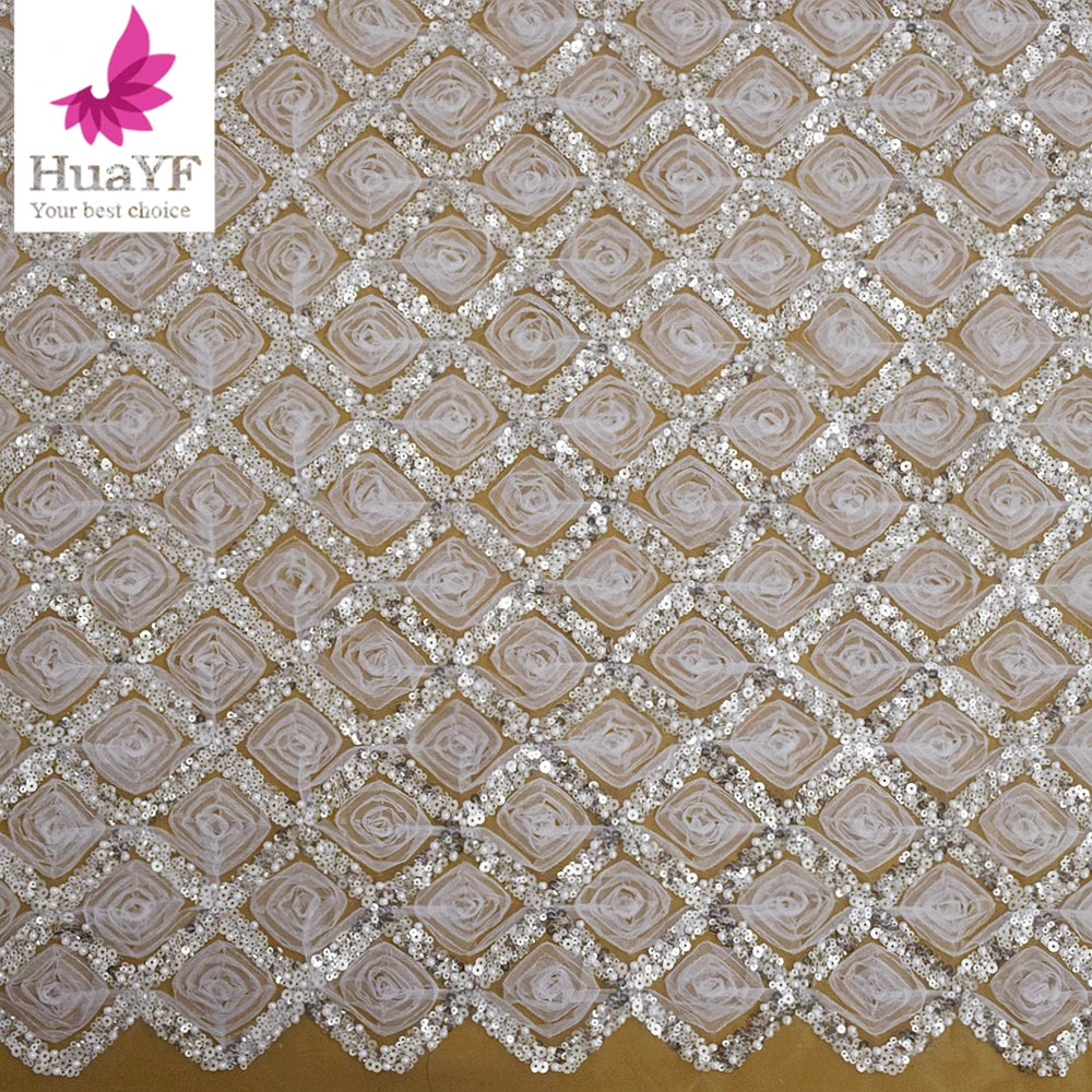 HY2554 New Design Elegant Coiling Lace With Sequins and Beads for Wedding Dress Embroidery Mesh Fabric