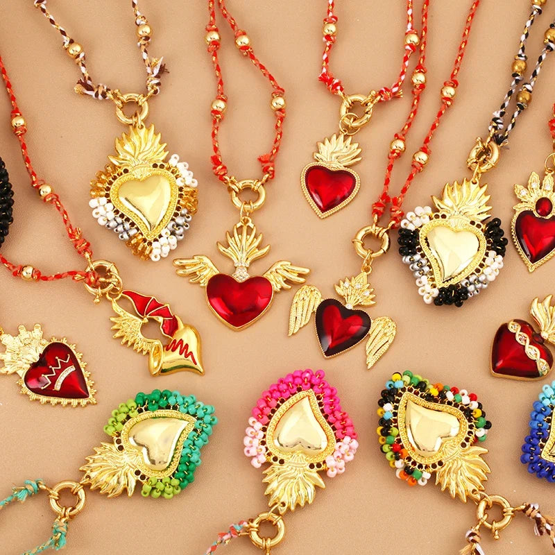 Sacred Red Heart Boho Bohemia Style Nature Cotton Cord Long Knotting Beaded NecklaceColorful  Rope Sweater Amulet Jewelry
