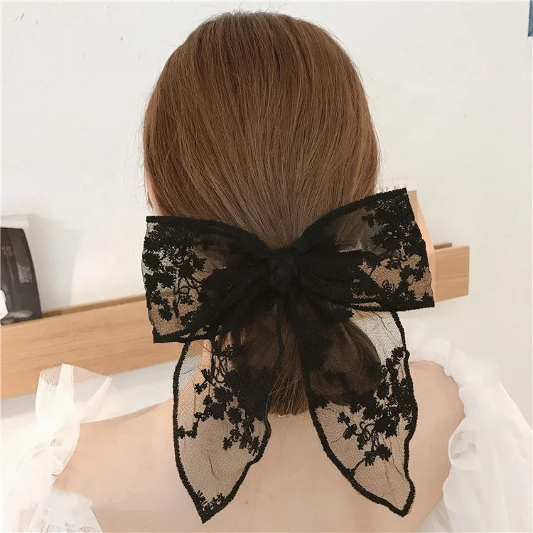 MIO Fashion Women Girls Cute Hairpins Lace Hair Bow Ribbon Hair Clip Black White Hair Accessory