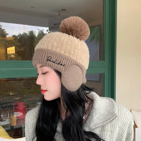 Ear Protection Hat Skiing Knitted Beanie Hat With Fur Pom Pom Fleece Lined Warm Beanie