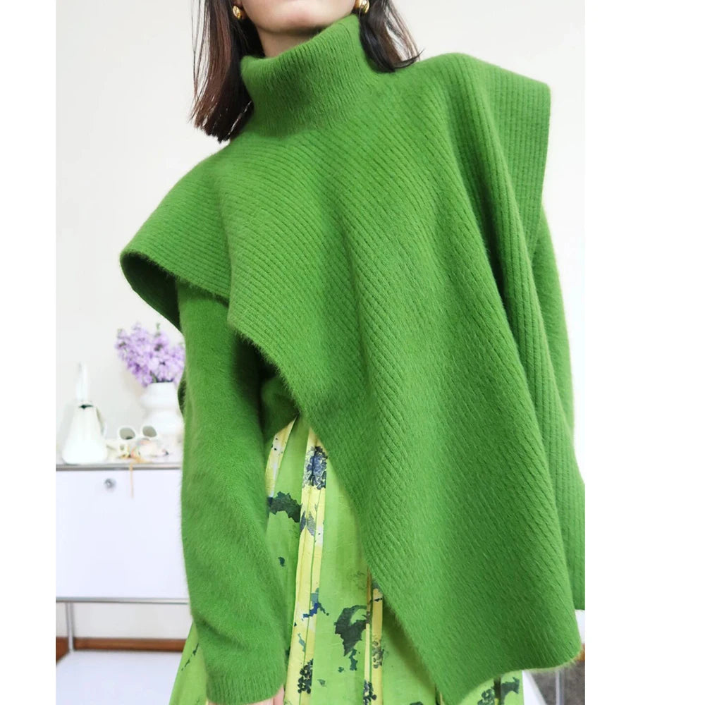 Spring Autumn Solid Knit Set Elegant Turtle-Neck Knit Shawl and Casual Pullover Set Fashion Knit Two Piece Set for Women
