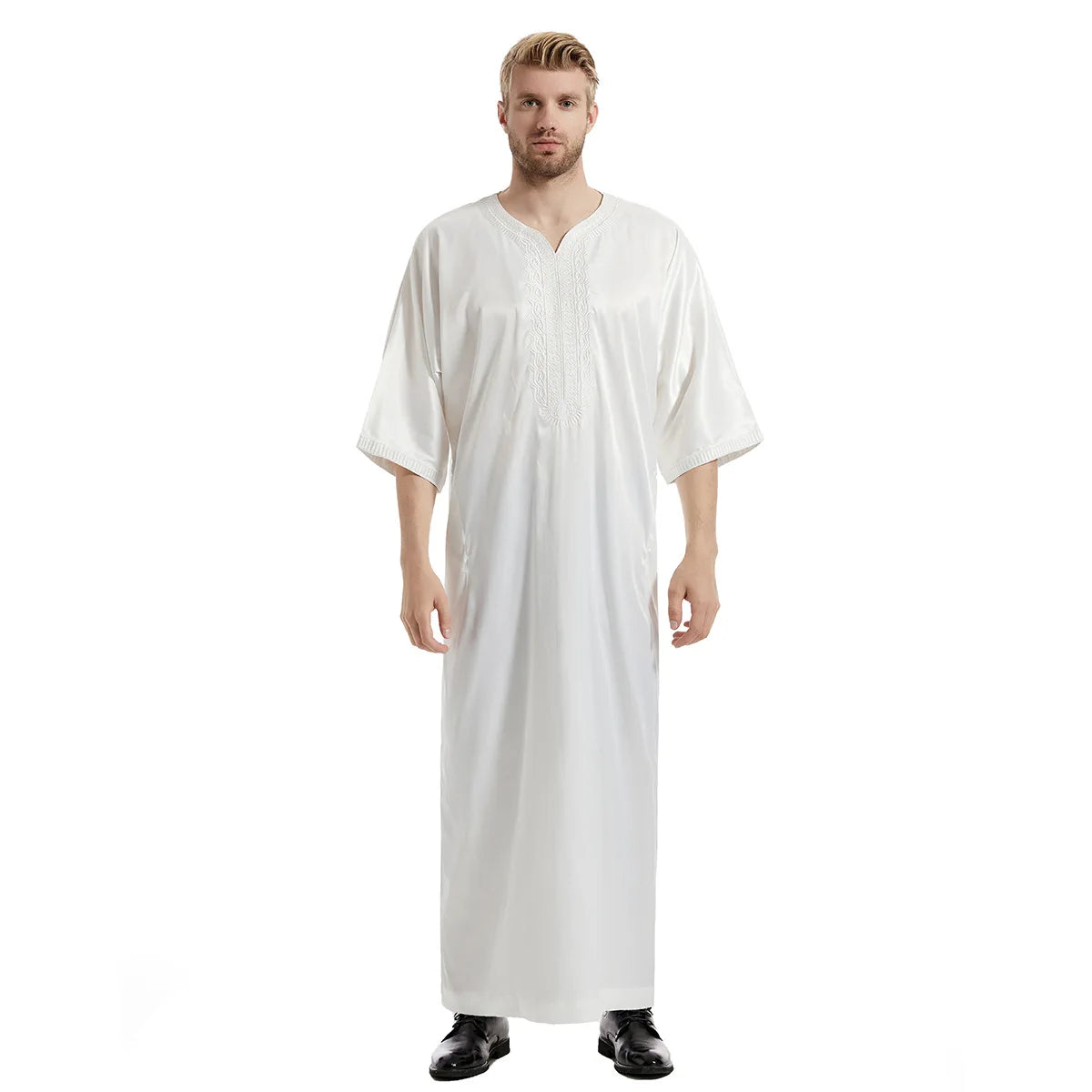 2024 New Middle East Muslim Men's Mid Sleeved Embroidered Robe Moroccan Robe Arab Men's Solid Color Clothing