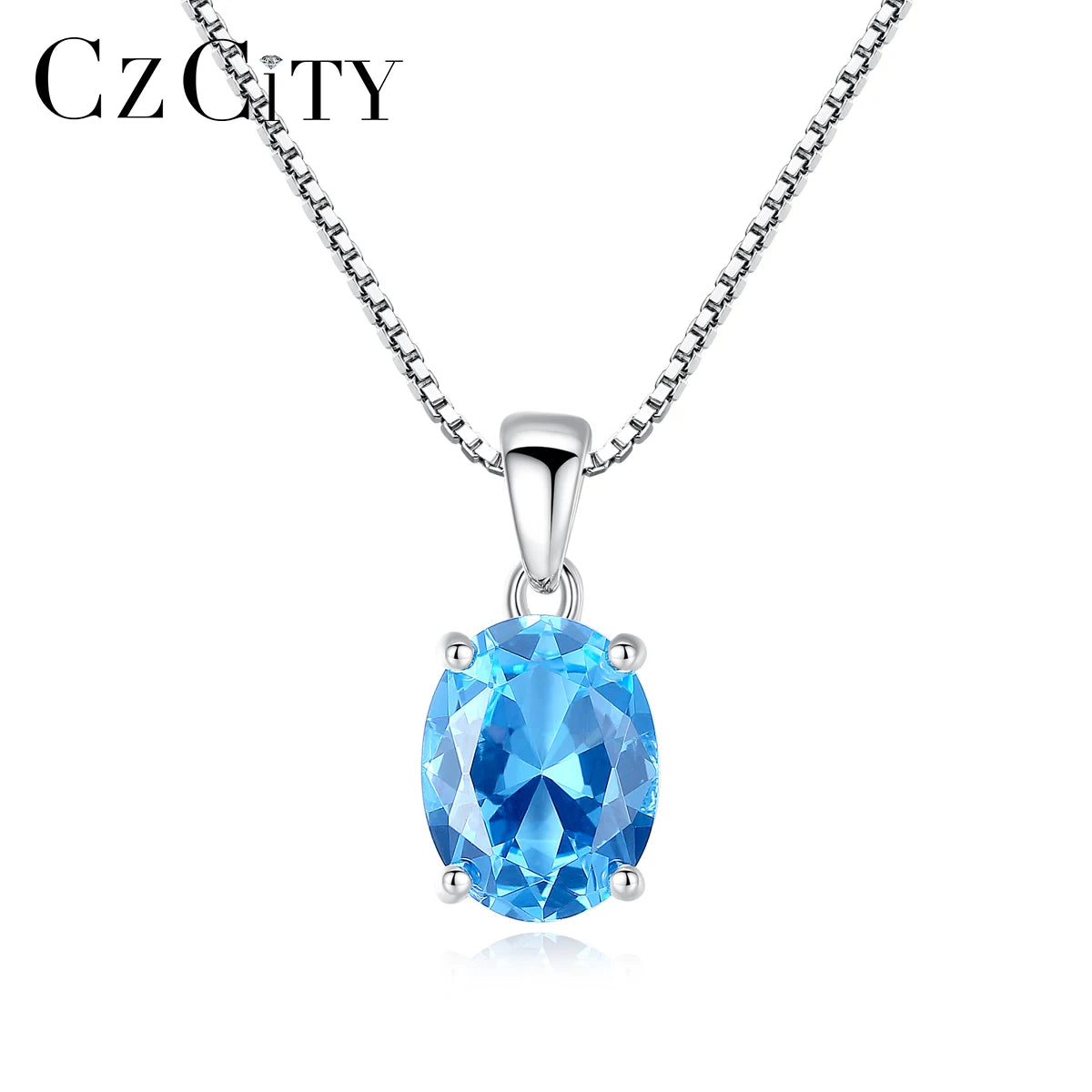 CZCITY Synthetic 2.3 Carat Oval Shape Solitaire Sky Blue Topaz Stone Pendant 925 Sterling Silver Charms Necklace Pendant