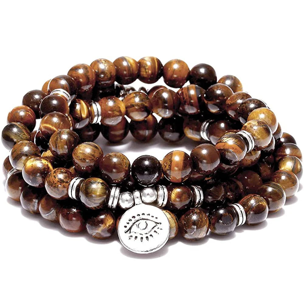 108 Rosary Prayer Gemstone Mala Beads Long Necklace Tiger Eye Stone Bracelet for Men Women