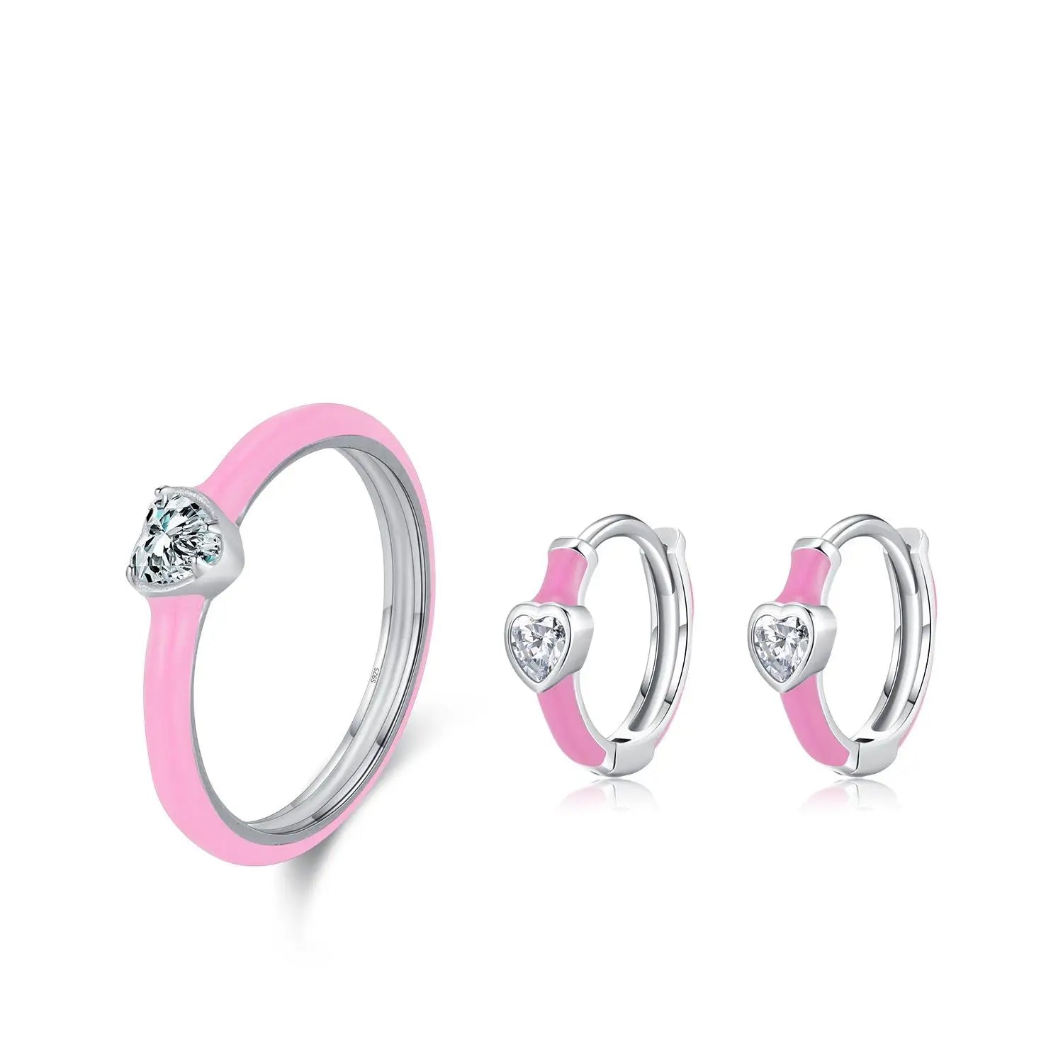 Wholesale 925 Sterling Silver Enamel Earrings and Ring Set New Design Multi-Color Love Heart Jewelry with Zircon for Parties
