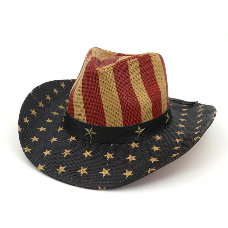 Men Straw Classic American Flag Cowboy Hat Wide Brim USA Cowgirl Summer Cap Dropshipping