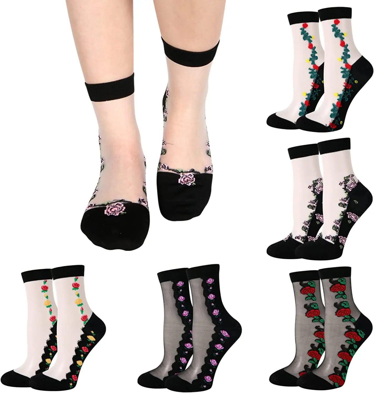 Women's Korean Knitted Eco-Friendly Sheer Mesh Floral Lace Transparent Ultra Thin Crew Fancy Rose Dress Socks