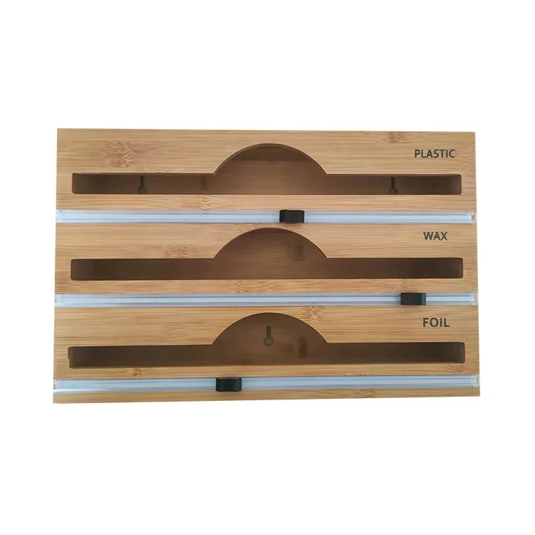 Bamboo Wood Plastic Wrap Dispenser Organizer With Slider Cutter Three Layer for Kitchen