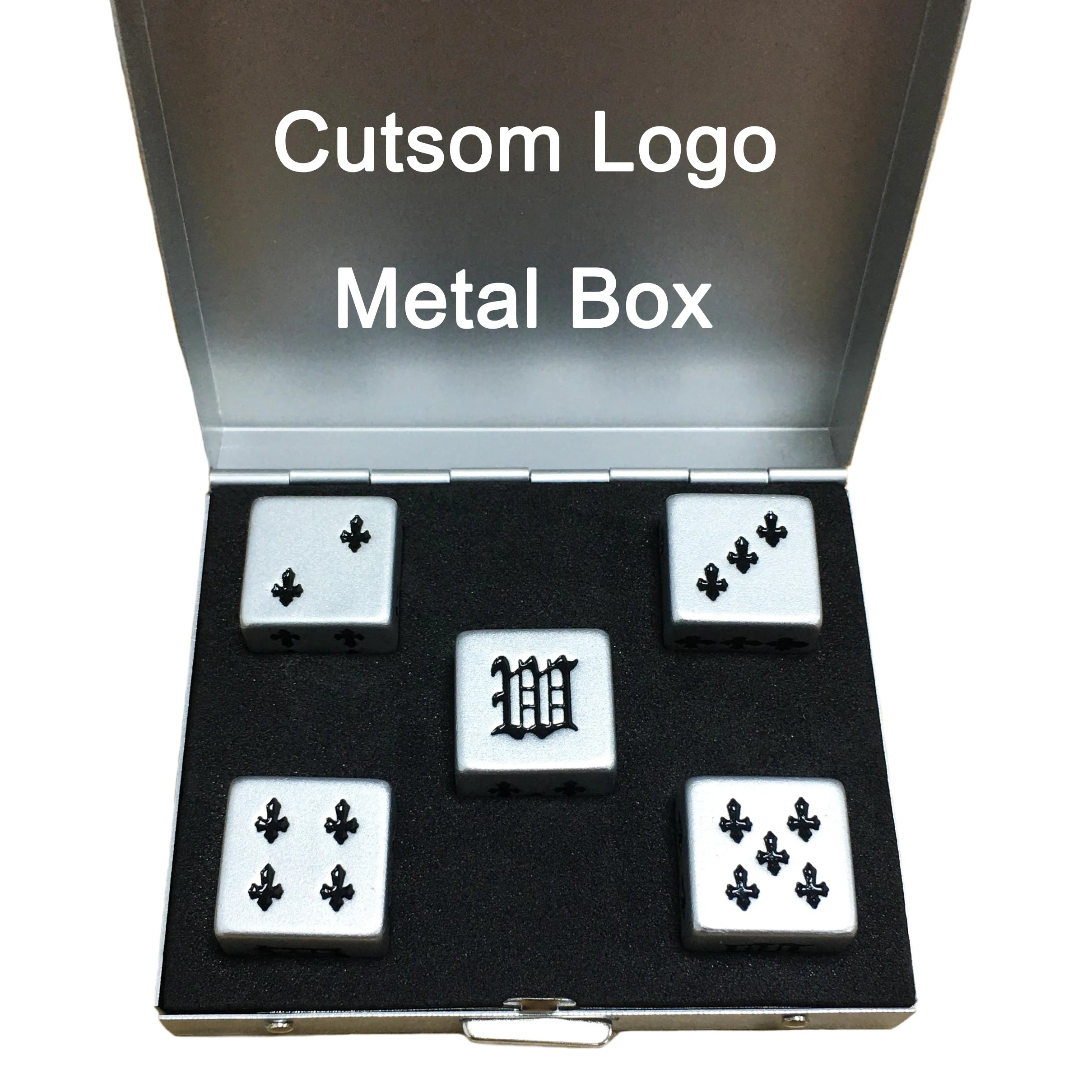 Custom Bulk Metal Hollow Solid Roll Teaching Dice Games Box Case Set Tray Personalized Printed 6 Sides Stainless Steel Mini Dice
