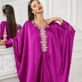 Fashion French Elegant Maxi Dresses Loose Sleeves Solid Color Round Neck Shiny Diamonds Women Kaftan