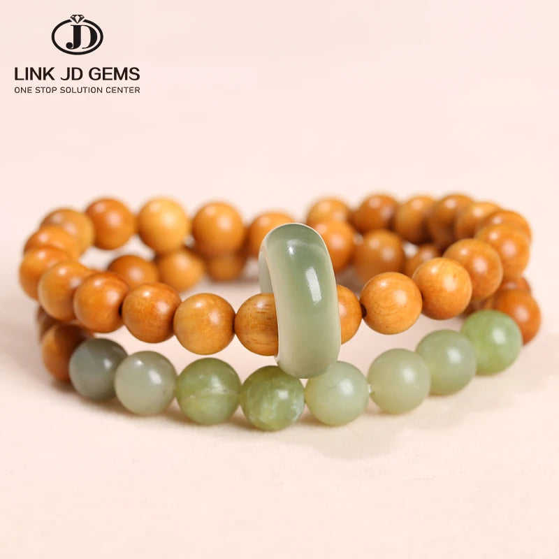 JD GEMS Buddhist Buddha Wood Prayer Beaded Wristband Natural Yellow Aventurine Black Sandalwood Bodhi Ring 2-Layer Bracelet