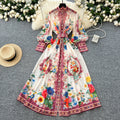 LW0762 2025 Spring Holiday Style Niche Retro Stand Collar Lantern Sleeve Waist Slimming Long Printed Dress Long Dresses Women