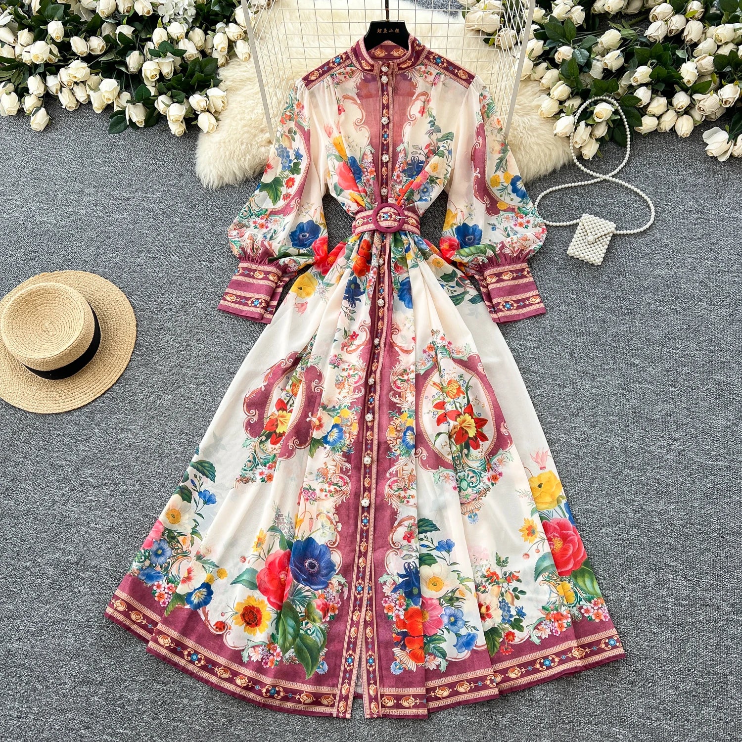LW0762 2025 Spring Holiday Style Niche Retro Stand Collar Lantern Sleeve Waist Slimming Long Printed Dress Long Dresses Women