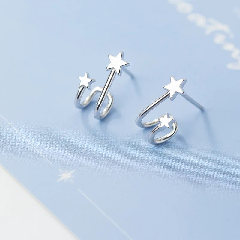 Fashion  925 Sterling Silver Double Layer Star Shape Stud Earrings for Women Jewelry