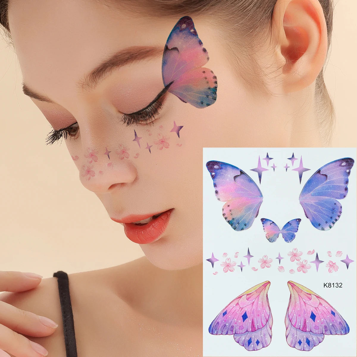 Custom OEM New Butterfly Wing Temporary Waterproof Face Tattoo Sticker French Eye Makeup Stage Tattoos Stickers for Girls Women