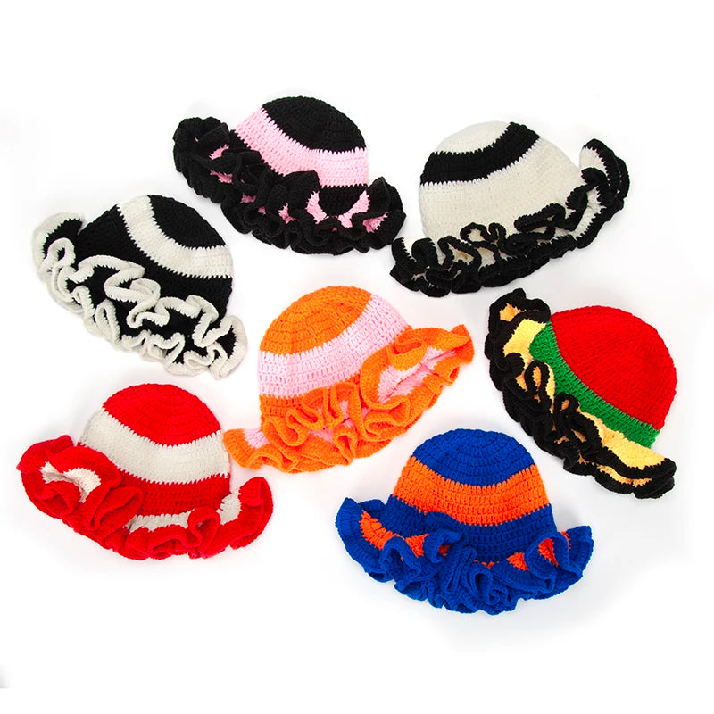 Madeshine New Floppy Handmade Crochet Knitted Ruffled Brim Floral Beanie Bucket Hat Women Outdoor Party Windproof 3D Embroidery