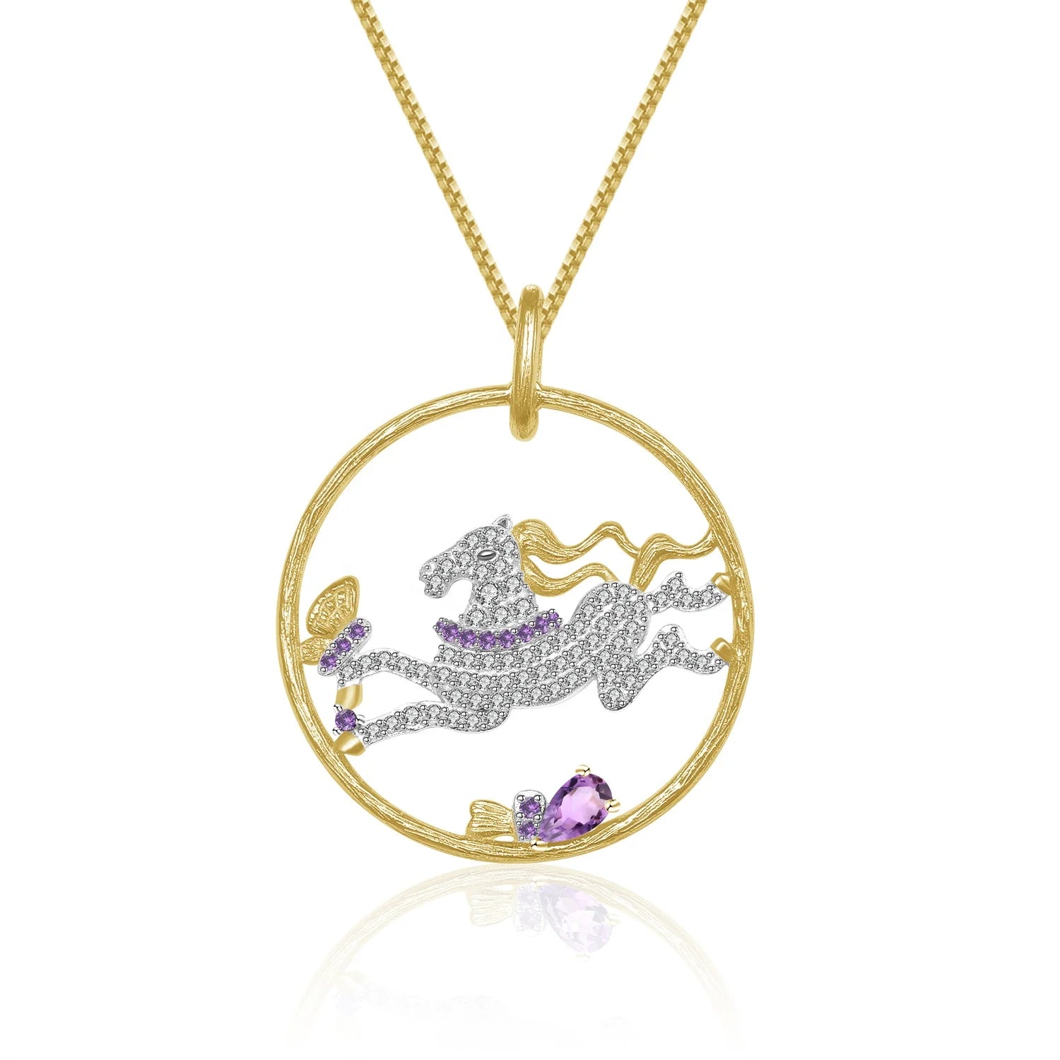 Abiding New Style Natural Amethyst Round Pendant Horse Animal Gold Plated Jewelry Custom 925 Sterling Silver Necklace Pendant
