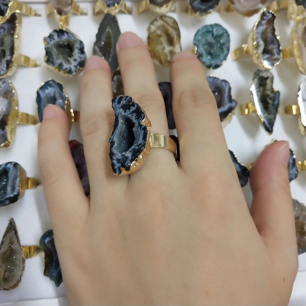 Fashion Irregular Genuine Geode Natural Stone Druzy Knuckle Ring Adjustable Quartz Crystal Agate Open Finger Rings Gift Jewelry