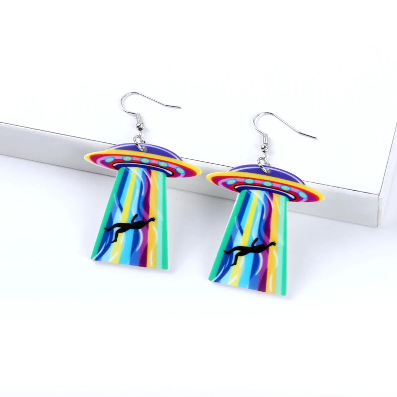 Hot Selling Digital Print Custom Square Alien Spaceship Take Me Away Blue Mystery UFO Acrylic Earrings for Women