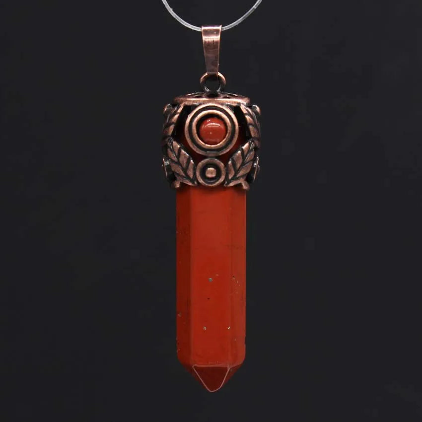 2026 Leaf Hexagon Column Crystal Pillar Red jasper Healing Point Pendant Vintage Couple Necklaces Men Women Jewelry