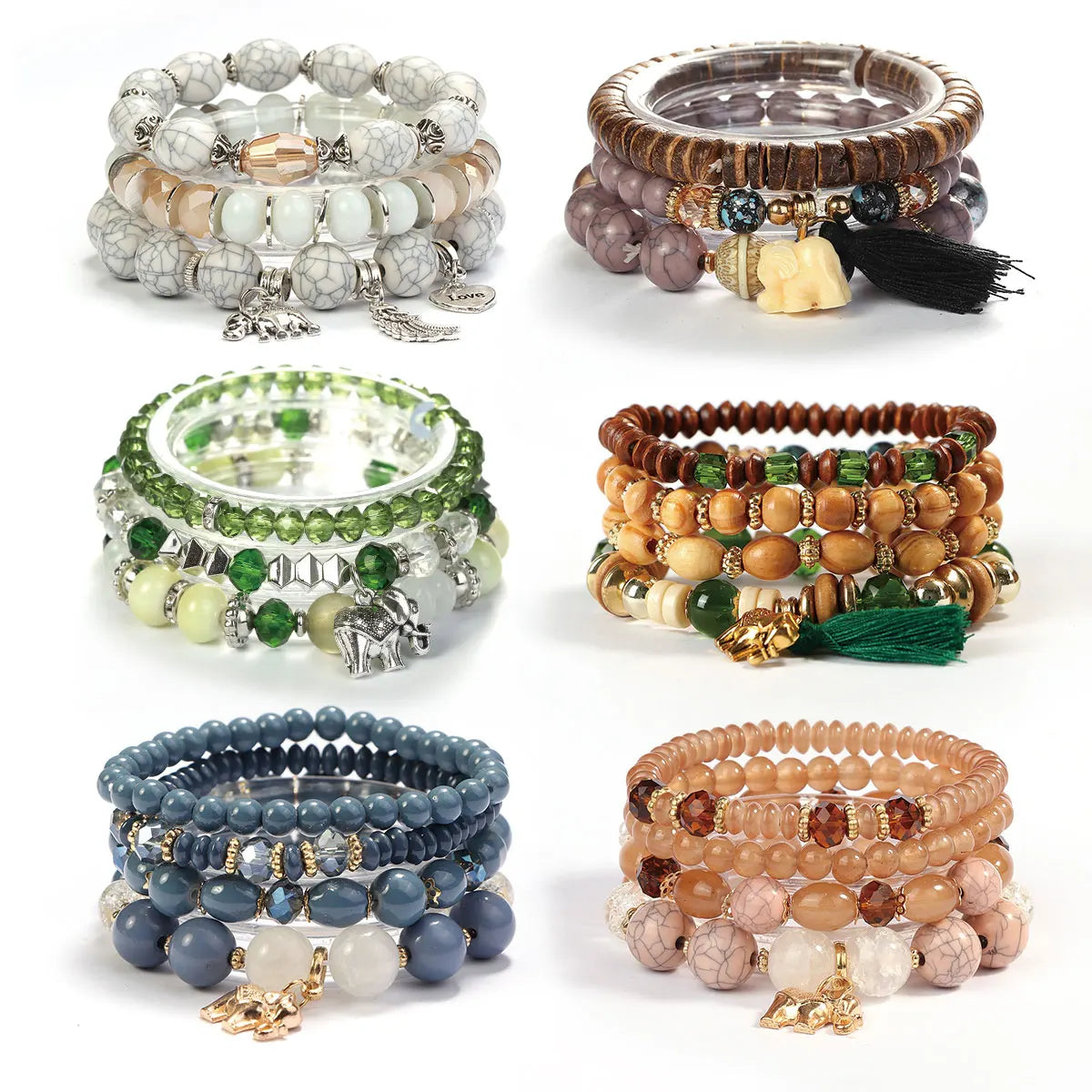 New Arrive Vintage Boho Gold Plated Elephant Pendant Jewelry Men Tassel Wooden Beads Lovers Bracelet Sets for Women