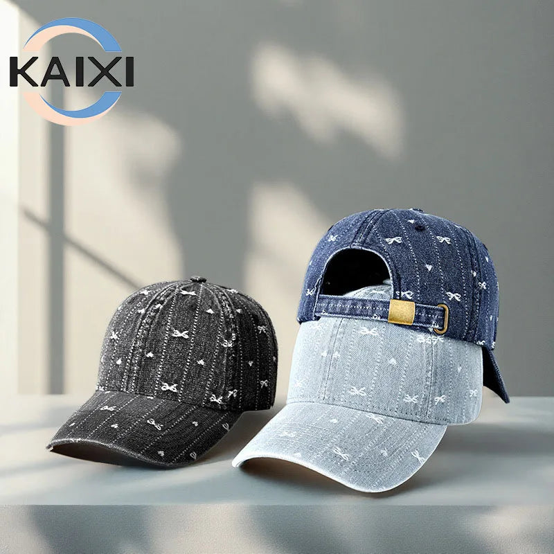 Korean Style Baseball Cap Bow Wide Curved Brim High Velour Oxford Luxury Old Denim Hat for Women Men Sunscreen Fashion Hat