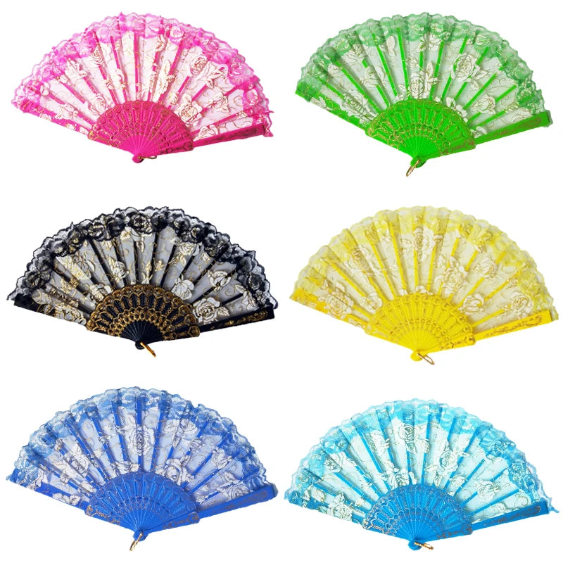 Spanish Translucent Lace Rose Fan Gilded Wing Chun Dance Fan European Style Fabric Silk Folding Hand Fan