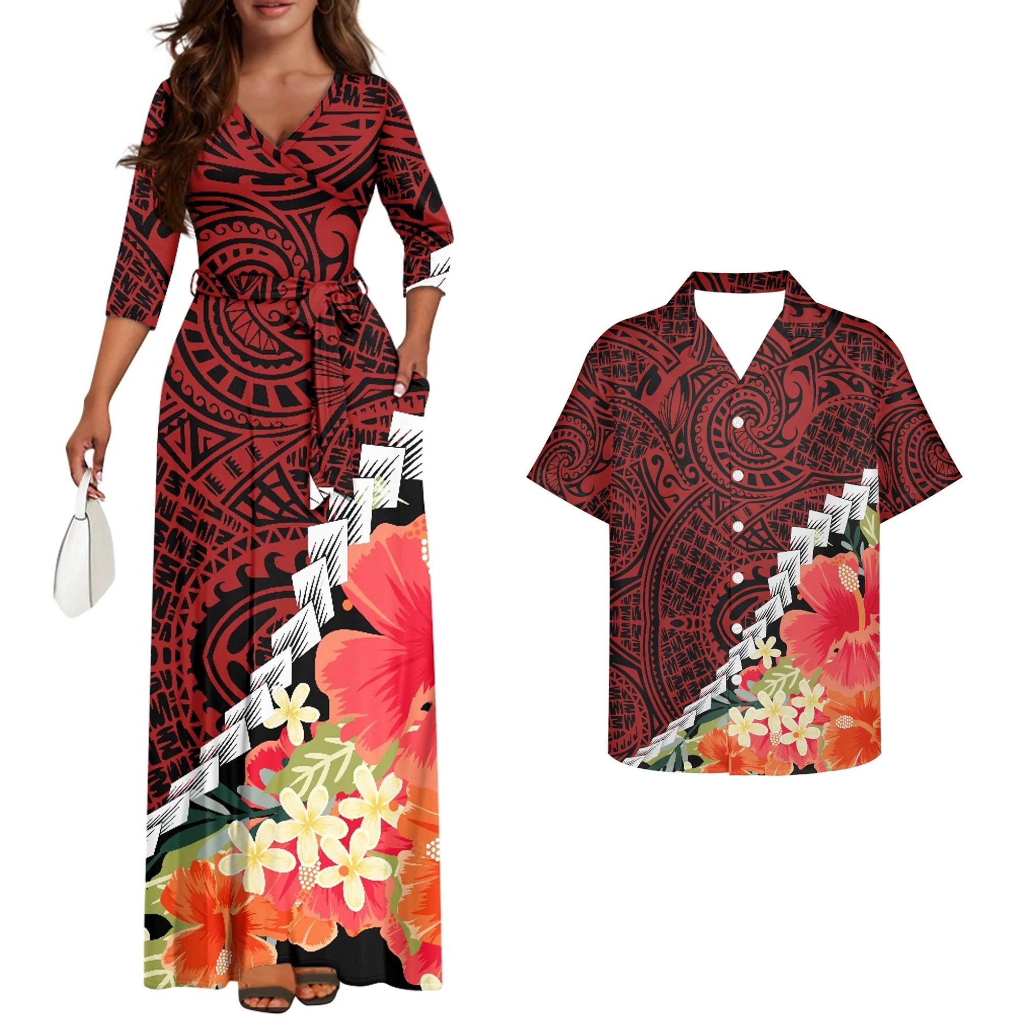 Red Floral Plus Size Couple Clothing Polynesian Tropical Pattern Women's Maxi Dress Island Style Matching Men's Aloha Shirts