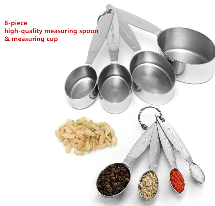 Stainless Steel Measuring Cup and Spoon 8-Piece Set Oval Egg-Shaped Eco-Friendly Kitchen Scales for Baking