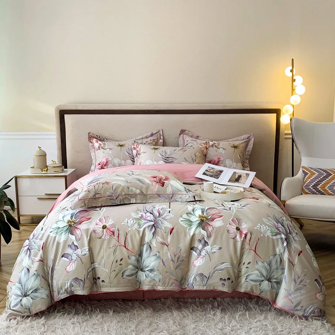 Hot Sale Queen Size 100% Cotton Flower Print Quilt Cover Bed Sheets Luxury Duvet Cover Brown Bedding Set