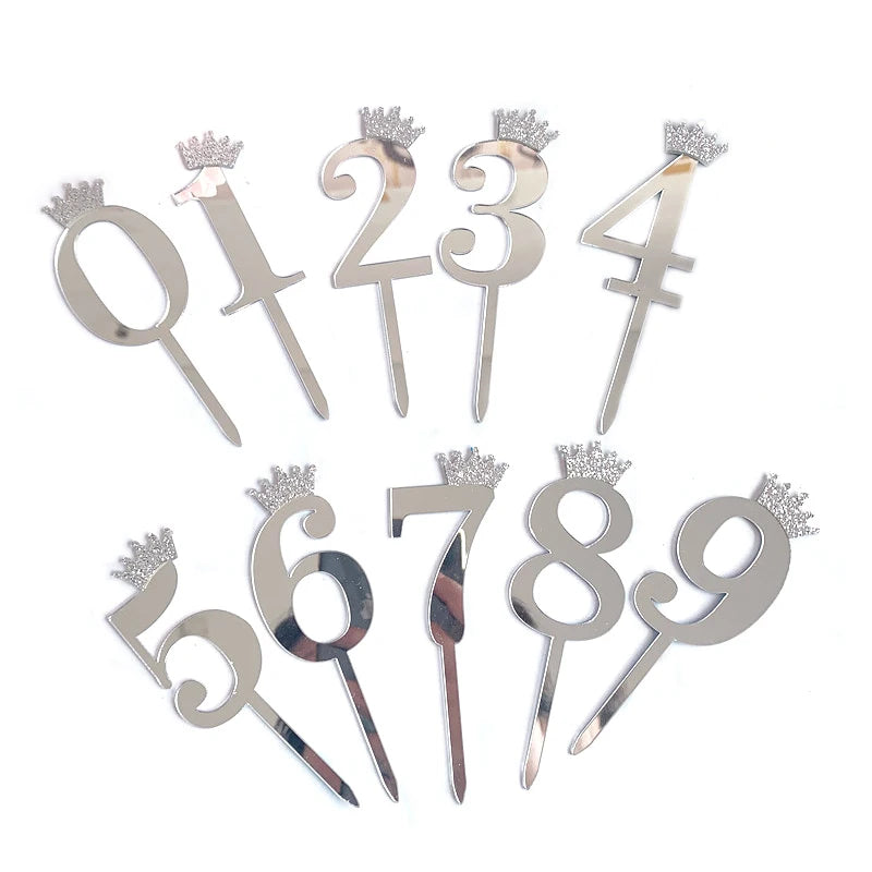 New Arrival Small Size Acrylic Cup Cake Decoration Glitter Crown Number 0 - 9 Acrylic Cake Topper for Birthday Cake Decoration
