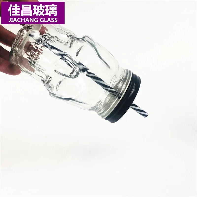 Wholesale Skull Shaped Glass Mason Jar 450 ml with Lid and Straw Drink Cup