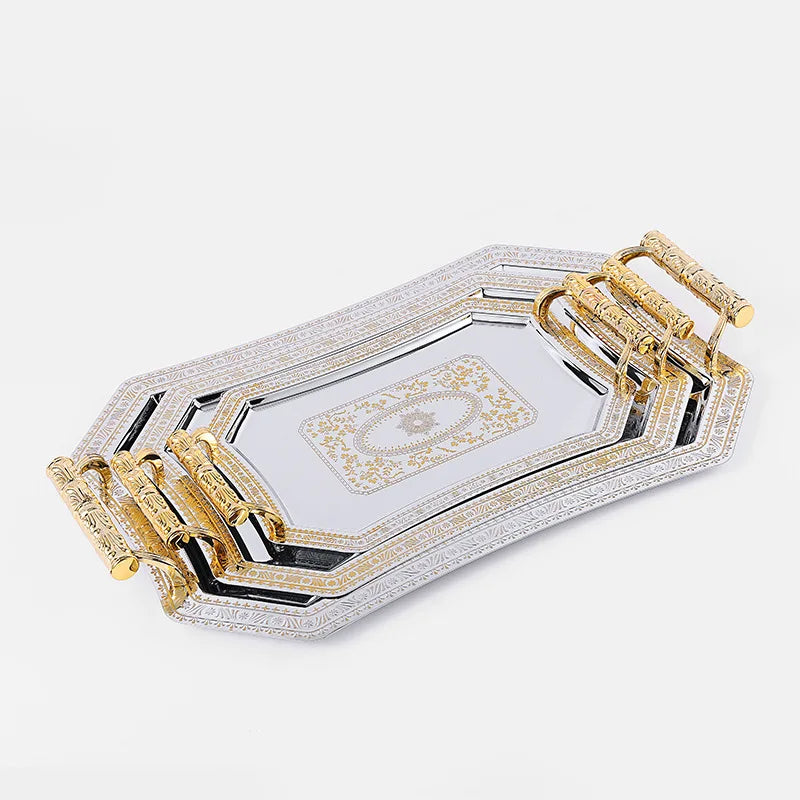 European Luxury Gold Carved Stainless Steel Fruit Tray Dessert Hotel Tray Cafe Western Restaurant Fruit Pastry Plate Chargers