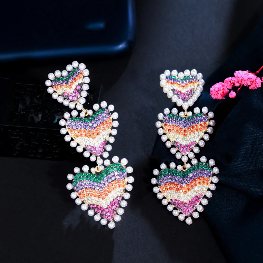 Multicolor Rainbow Cubic Zirconia Big Love Heart Shape Long Dangle Drop Party Earrings for Women Luxury Trendy Boho Jewelry
