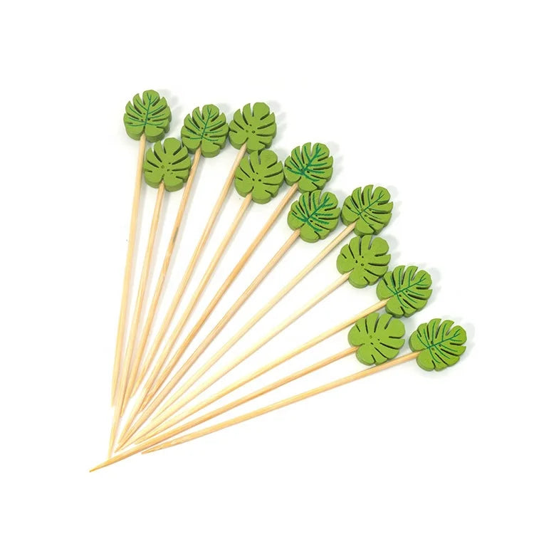 Eco-friendly Round Leaves Cocktail Skewers Bamboo Picks for Appetizers Fancy Cocktail Party-Green Leaf Palm