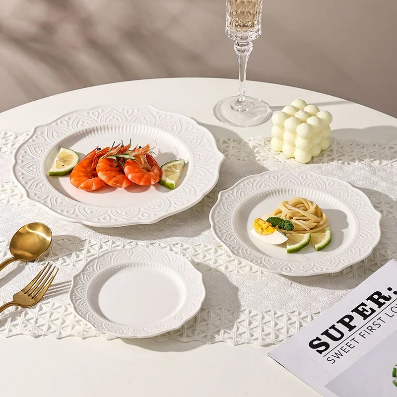 Minimalism European Style Plates Sets Dinnerware Dishes & Plates Dessert Plate for 6/8/10' Embossed Design Ceramic White Colors