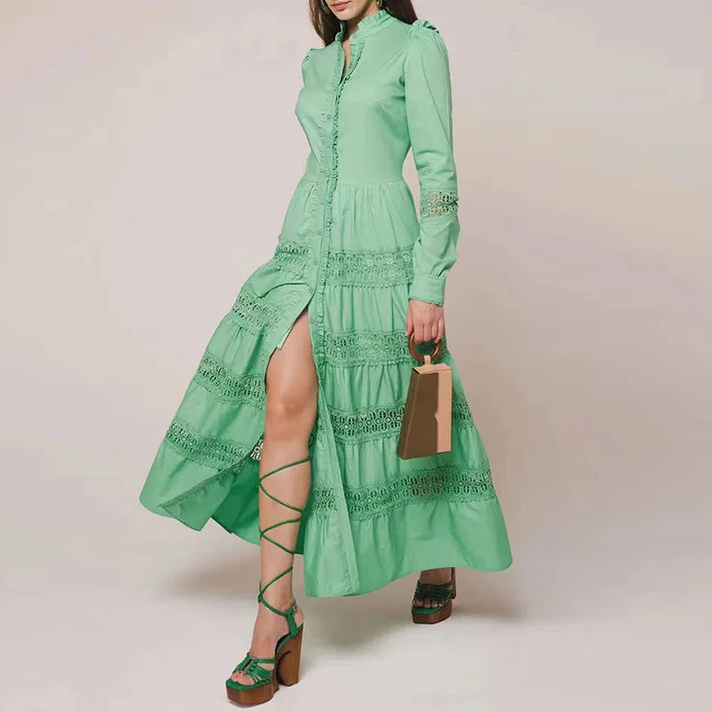 French Retro Simple Style 2023 Autumn Stand-Up Collar Long-sleeved Mid-waist Lace Hollow Design Solid Color Washable