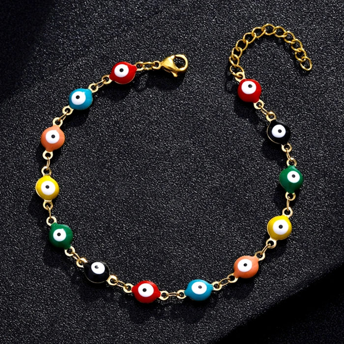 Luxury Non Tarnish 18K Gold Plated Stainless Steel Chain Charm Enamel Lucky Turkish Evil Eye Bracelet Jewelry for Woman