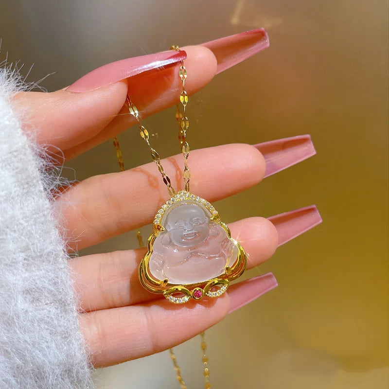 Chinese Fengshui Titanium Steel Chain Natural Jade Necklaces White Jade Buddha Pendant Necklaces for Women