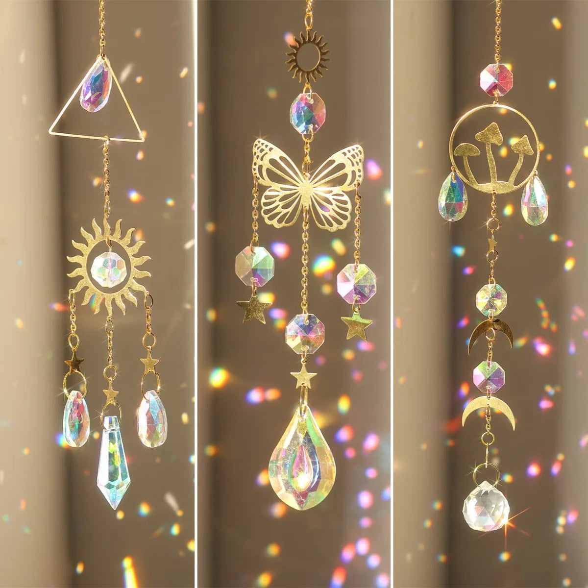 Wholesale Butterfly Mushroom Triangle Shape Stained Glass Custom Suncatcher Crystal Hanging for Garden