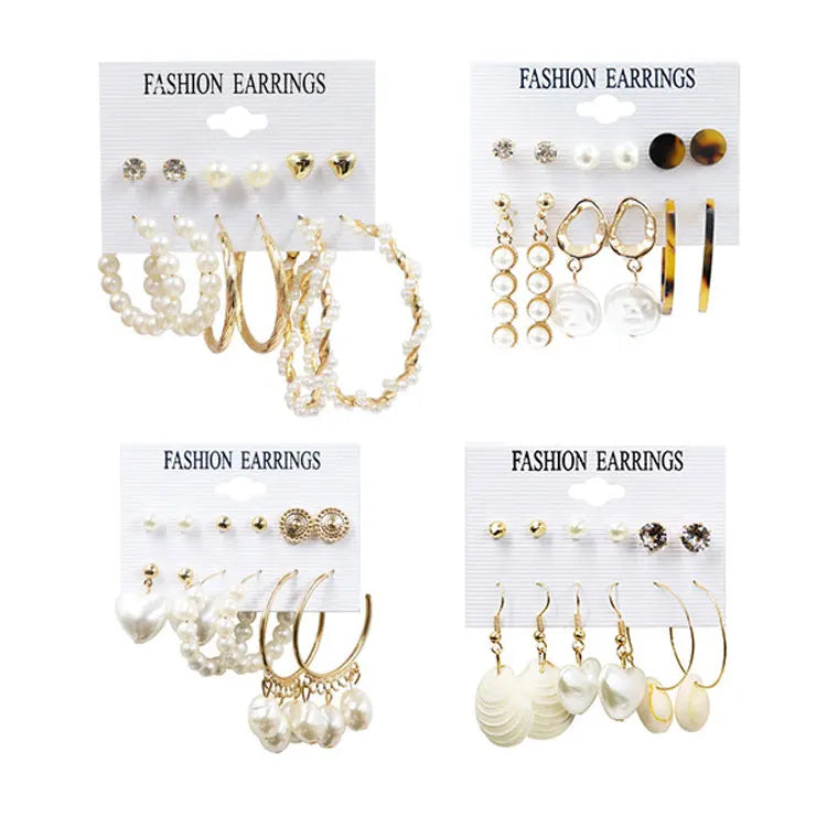 SC Wholesale Multi-type Korean Pearl Earrings Women Statement 6 Pairs Heart Butterfly Tassel Stud Earrings Hoop Earrings Sets