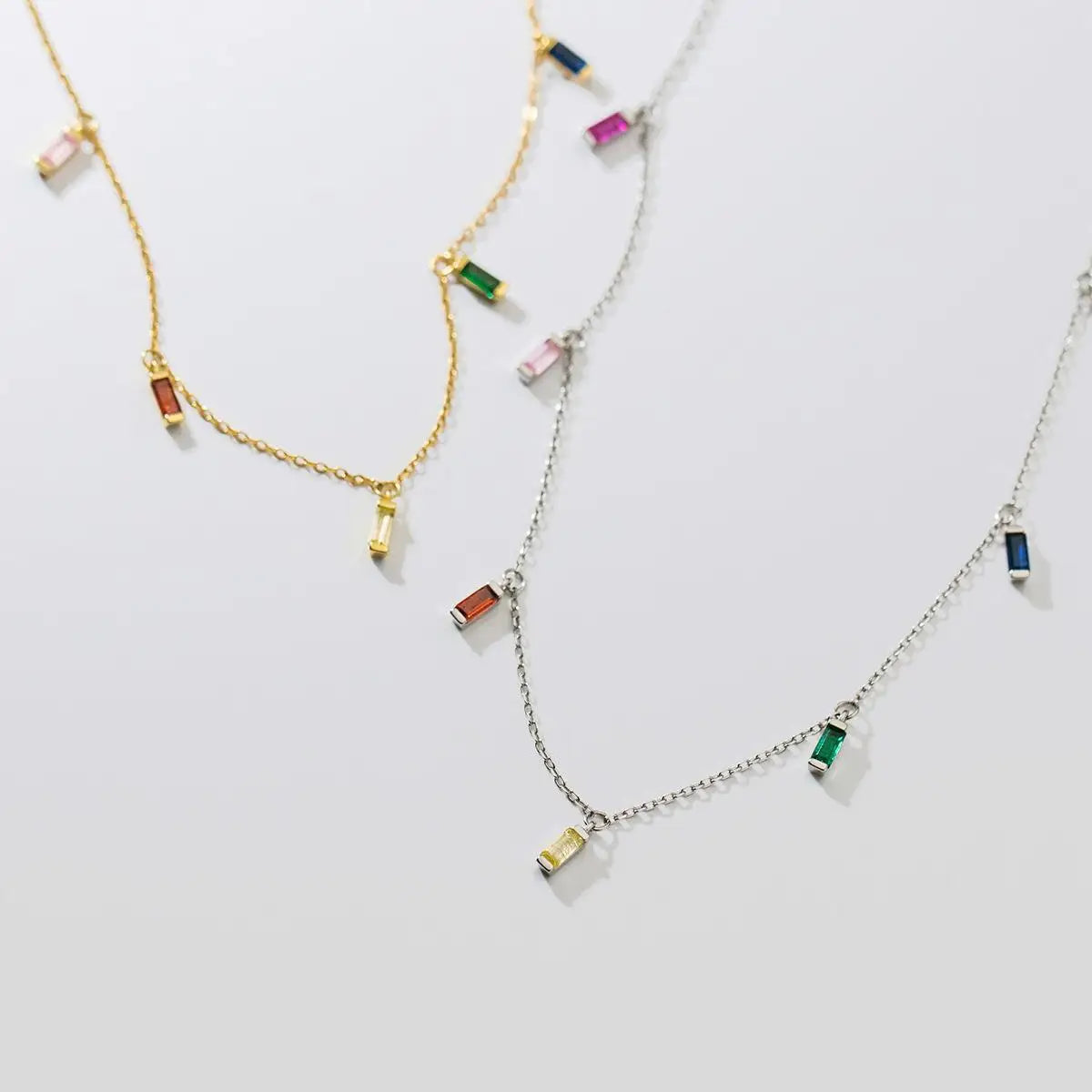New 925 Sterling Silver Rectangular Colorful Zircon Charm Necklace Rectangle Cz Gemstone Charm Necklace for Women Jewelry